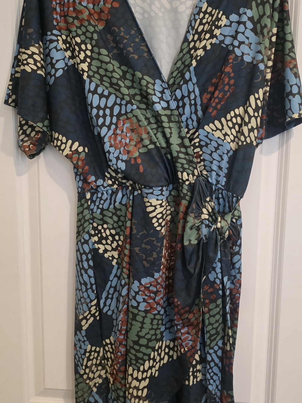Veronica M Navy Wrap Midi Dress with Blue, Green & Rust Dot Print